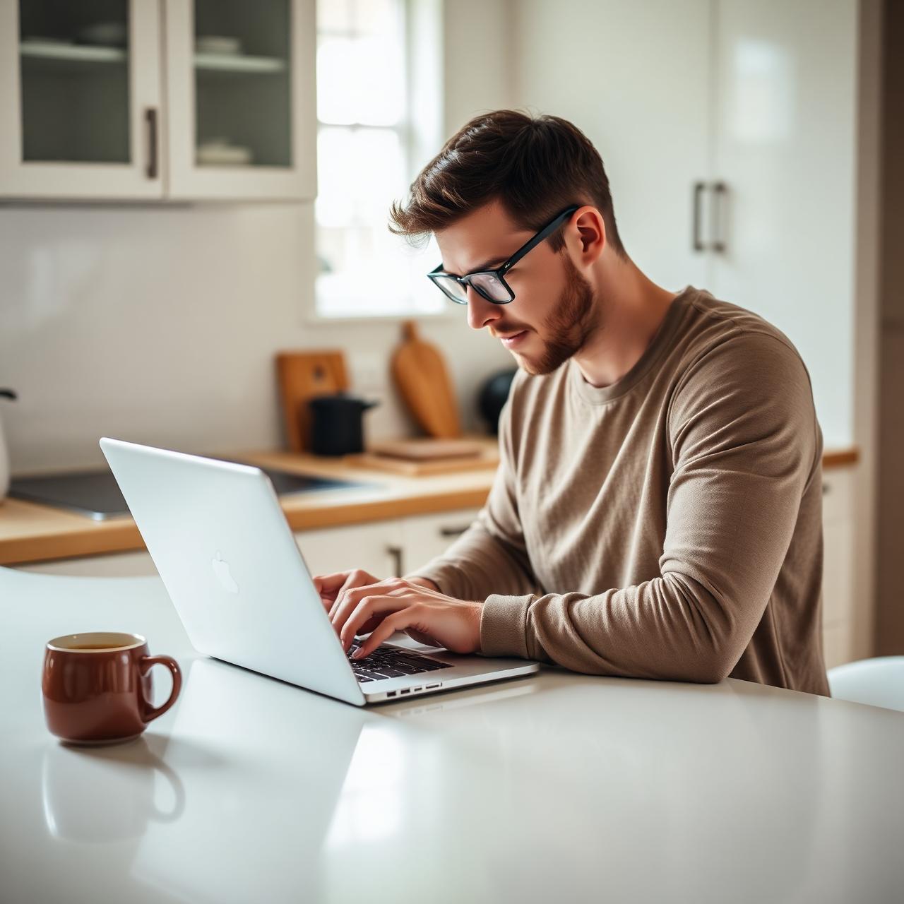 A professional working on a laptop from a bright home kitchen with a cup of coffee — trading that fits around real life.